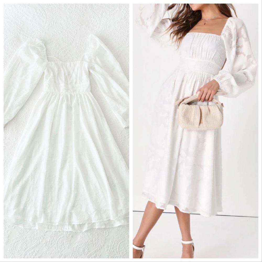 NWOT Lulus Flirtatious Nature White Floral Jacquard Lace-Up Midi Dress Small
